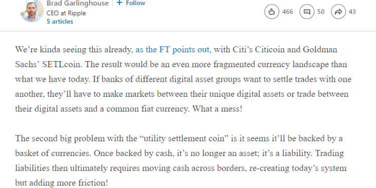 XRP is Best Positioned, Brad’s Diehard Claim on XRP Over JPM Coin