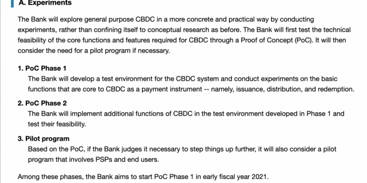 Lender of Japan Starts CBDC Evidence-of-Concept Screening Stage 1 Currently