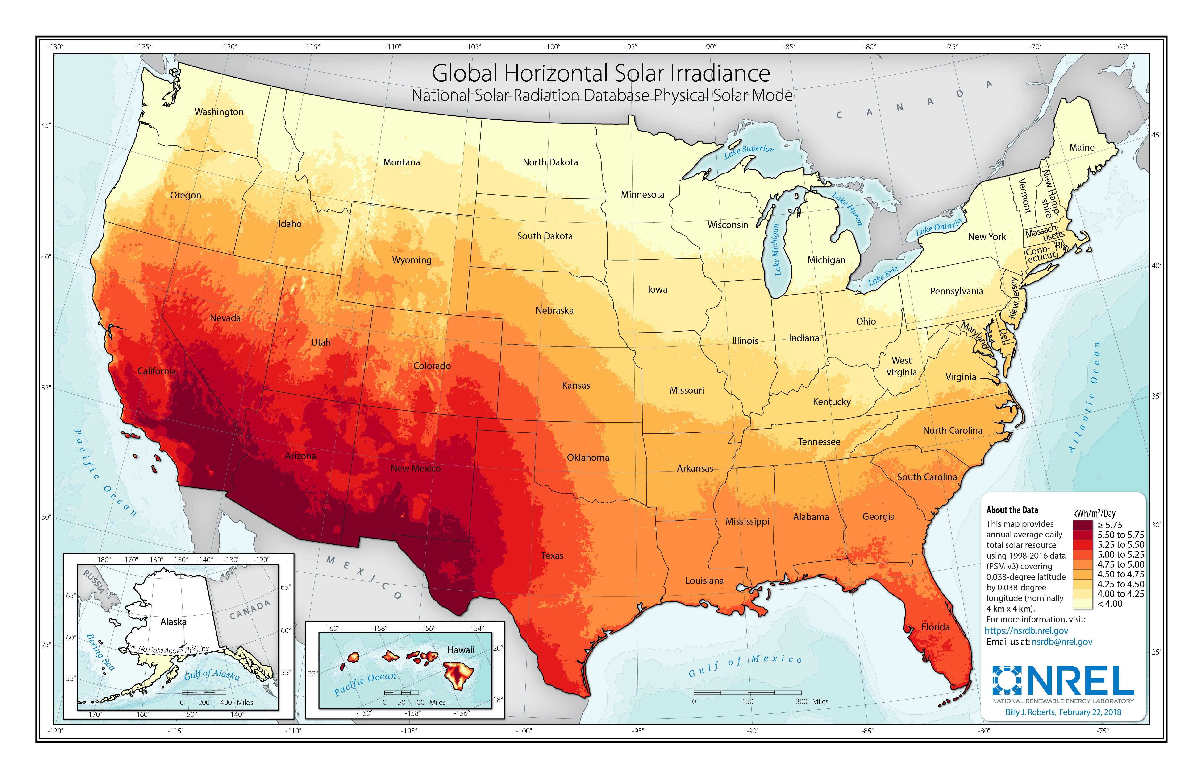 Map of yearly U.S. solar resources.