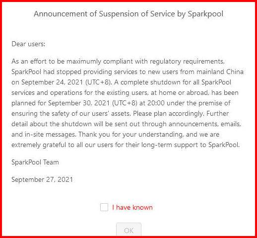 sparkpool announcement of suspension