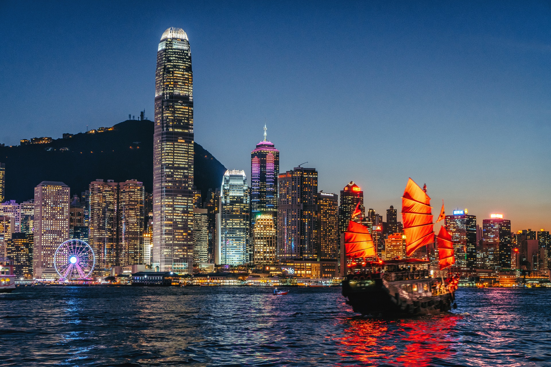 Dogecoin cityscape hong kong and junkboat at twilight