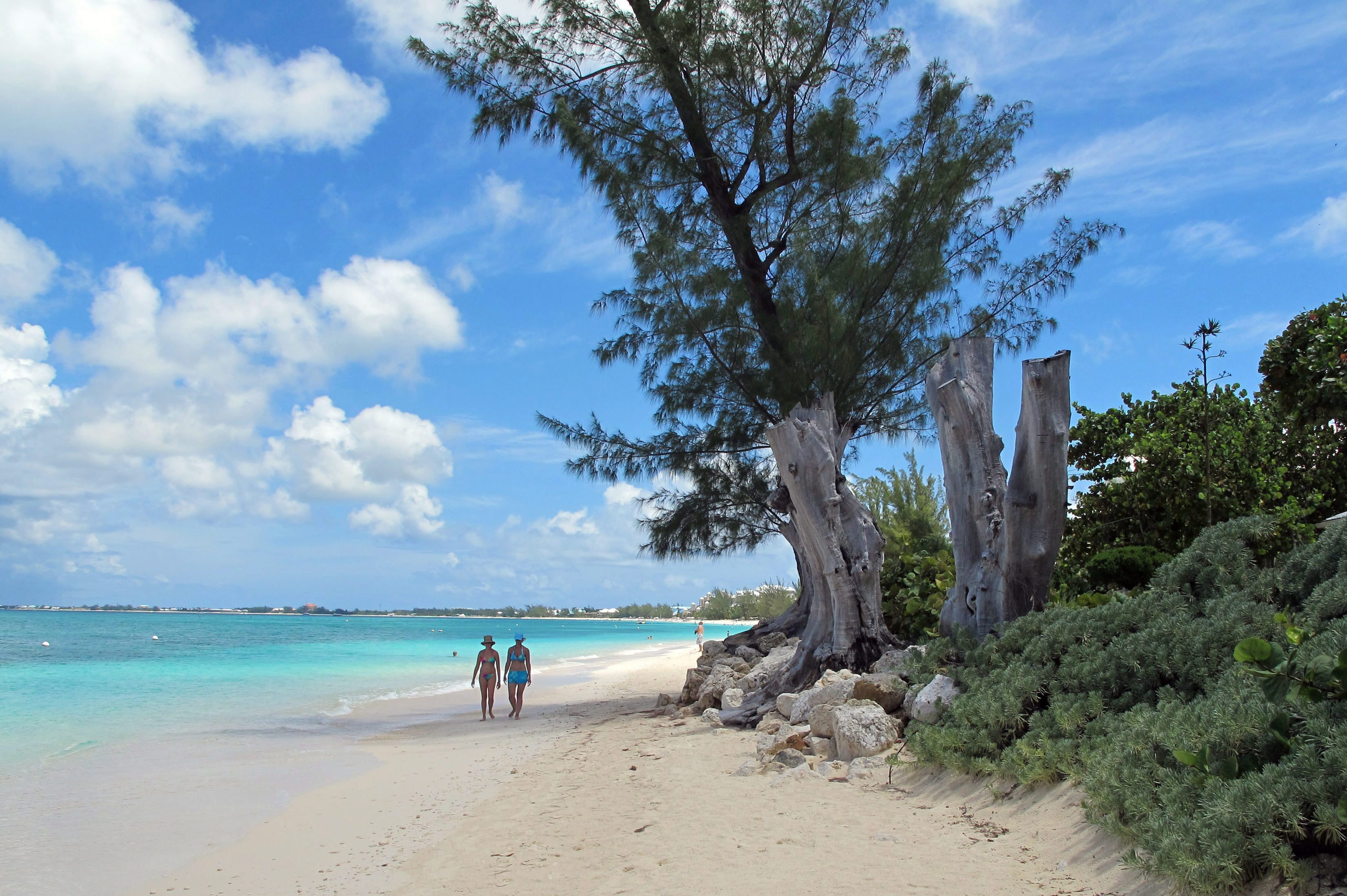 Two tourists walk along a white-sand beach lined with trees and shrubs.